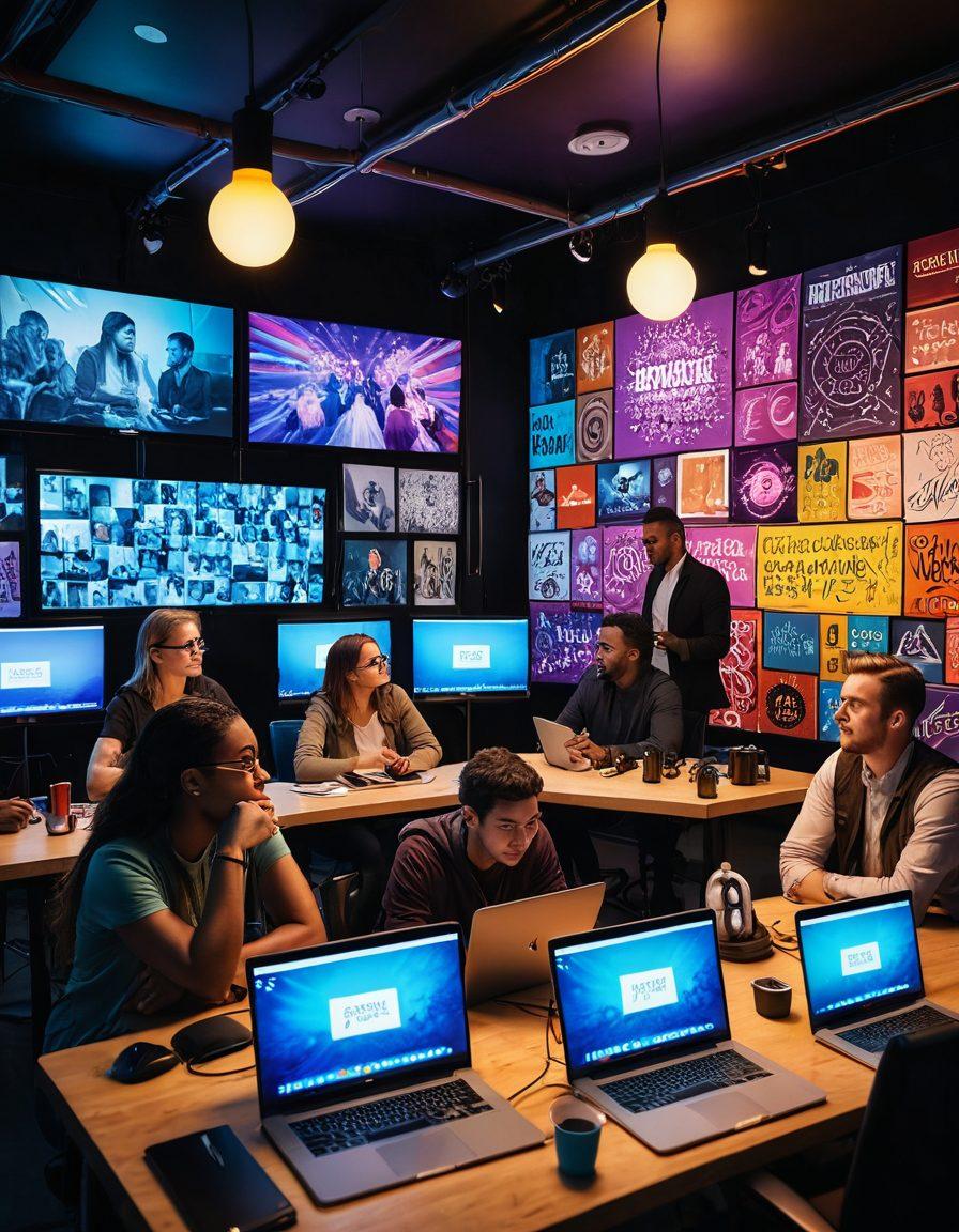 A dynamic and engaging scene showcasing a diverse group of content creators brainstorming ideas for viral videos, surrounded by a colorful environment filled with camera equipment, microphones, and laptops. Illustrate frozen tubes symbolically as lightbulbs, representing creativity and innovation. The backdrop should feature screens displaying snippets of engaging video content and playful graphics. super-realistic. vibrant colors. energetic atmosphere.