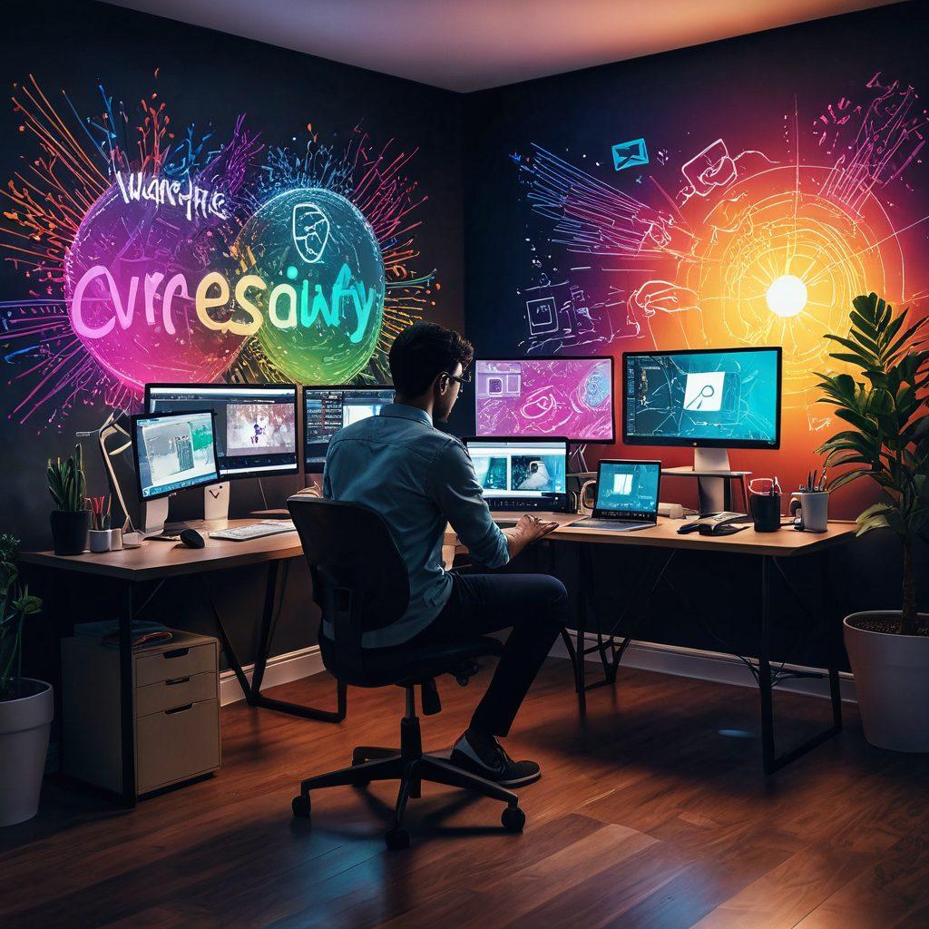 A vibrant illustration of a digital workspace where a creative individual is transforming video ideas into engaging content, with elements like a glowing 'Viral' sign, colorful sketches of video concepts floating around, and a computer screen displaying a trending video. The atmosphere is lively and inspiring, showcasing tools like cameras and editing software in a cozy but modern setting. Bold colors and dynamic compositions capture the essence of creativity in the digital age. super-realistic. vibrant colors. digital art.